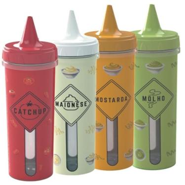 Imagem de Kit com 4 Bisnagas para Molhos BPA Free: Bisnaga Ketchup250ml, Maionese250ml, Mostarda250ml e Molho250ml com Tampa de Rosca e Pino Higiênico