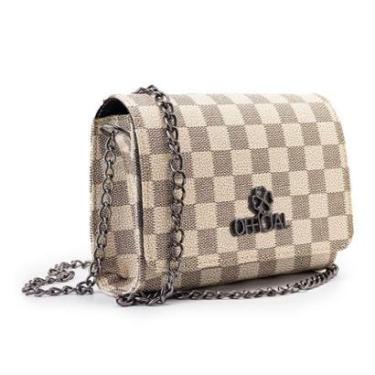 Imagem de Bolsa Feminina Baú Xadrez Média Marfim com Corrente Prateada-Feminino