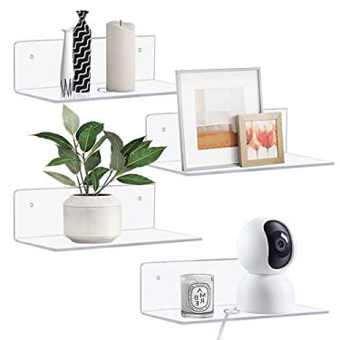 Imagem de luium Prateleiras flutuantes de acrílico transparente 23 cm, conjunto de 4 prateleiras de parede adesivas para Funko Pop Figure, planta, alto-falante, controlador, sem broca, pequena prateleira de