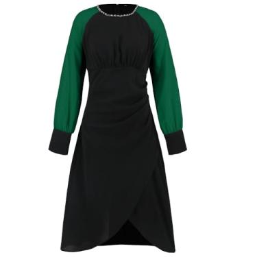 Imagem de YGJKLIS Vestido feminino elegante gola redonda evasê manga longa slim fit pulôver cintura alta vestidos longos com bainha alta baixa, Verde, GG