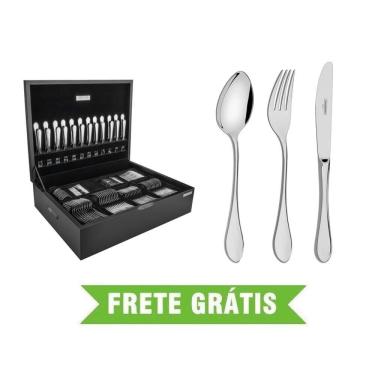 Imagem de Faqueiro Italy 130 Peças em Aço Inox com Facas de Mesa Forjadas Acabamento Alto Brilho com Estojo de Madeira Tramontina 66932/227