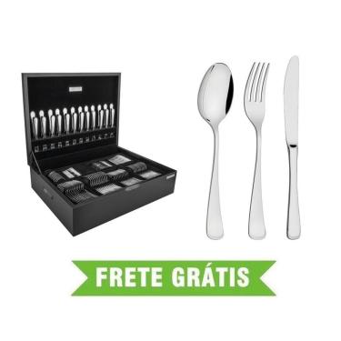 Imagem de Faqueiro Mônaco 130 Peças em Aço Inox com Facas de Mesa Forjadas Acabamento Alto Brilho com Estojo de Madeira Tramontina 66917/227