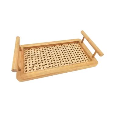 Imagem de Bandeja Retangular Em Bambu Com Alça Palhinha 35x20cm Mimo Style