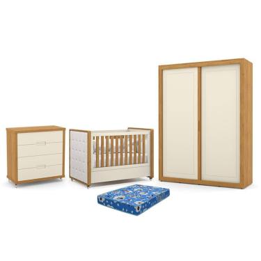 Imagem de Dormitório Tutto New 2 Portas, Cômoda 4 Gavetas e Berço com Capitonê e Colchão Physical - Matic Móveis