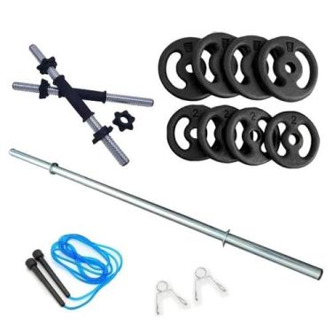 Imagem de Kit 20kg Anilhas+2 Barras 40cm Com Rosca+1 Barra 120cm+corda - TUDO ES