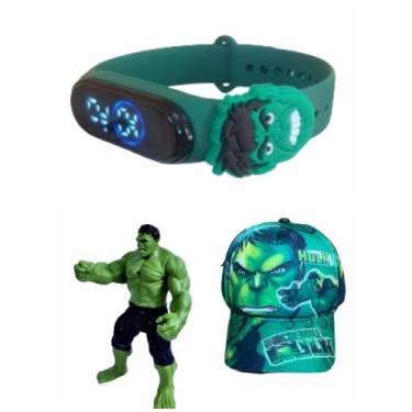 Imagem de Bone ,boneco e relogio digital infantil a prova d agua do hulk , super