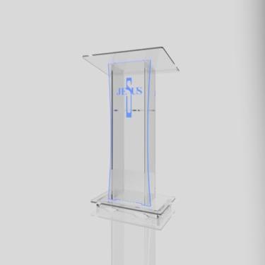 Imagem de Púlpito em Acrílico para Igreja e/ou Eventos com Gravação e Led grátis Mod. Rute Transparente (Tradicional, Moderna ou Sem Gravação) Cores em Led. (Grav. "Jesus" Moderno, LED AZUL)