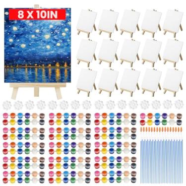Imagem de Pacote com 16 conjuntos de lona e cavalete para festa, conjunto de pintura em tela de 20 x 25 cm com cavaletes de madeira, pincéis, bandejas de tinta e tintas acrílicas, kits de pintura em tela para