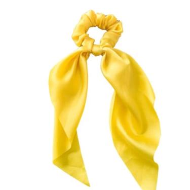 Imagem de 1 lenço amarelo feminino com laço de cetim com fita de rabo de cavalo, cordão de amarrar, elástico, elásticos e presilhas