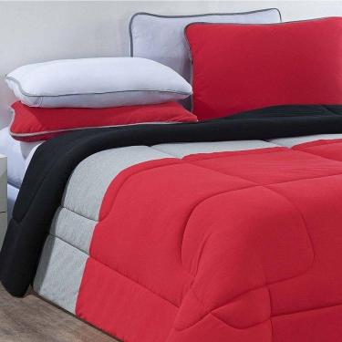 Imagem de Kit Edredom + Jogo De Lençol Malha 100% Algodão Urbano 7 Peças Casal - Vermelho-mescla-branco