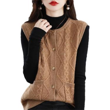 Imagem de Suéter feminino de caxemira sem mangas, cardigã de malha com gola redonda, colete de malha de lã, cáqui dourado9, GG