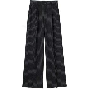 Imagem de Calças femininas sólidas cintura alta comprimento total 2023 primavera simples reta perna larga calças com zíper feminino 8 cores calças senhora do escritório, listra preta, xs