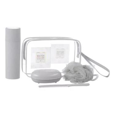Imagem de Kit Viagem 5 Peças Organizador Banho Esponja Porta Escova - PGB, Cinza