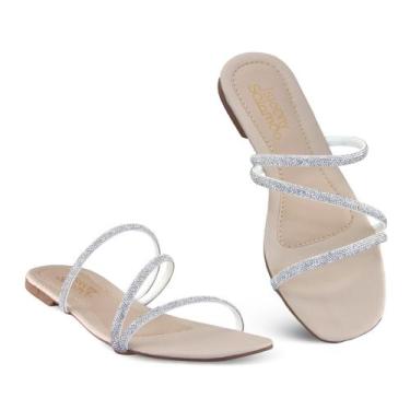 Imagem de Sandália Rasteirinha Feminina Tira Strass Confortavel - 22E, Nude, 37