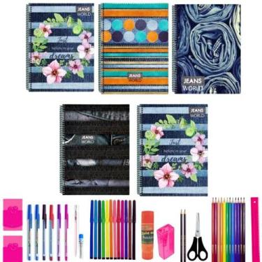 Imagem de Kit 10 Caderno Jeans 96 Folhas Arame Capa Dura Com 40 Itens - Maxima c