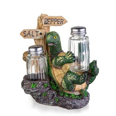 Imagem de Conjunto de sal e pimenta Oceanic Flair - Suporte de estatueta de tartaruga marinha de resina e potes de tempero de vidro - Saleiro e pimenteiro