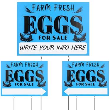 Imagem de Yaomiao Placa de 3 peças de ovos frescos de fazenda para venda 30,5 x 40,6 cm, placa de quintal, ovos de galinha frescos, à prova de intempéries, plástico ondulado com estacas para decoração de casa
