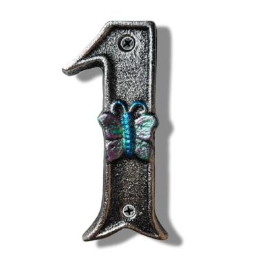 Imagem de Números de casa de 12 cm de altura - números de endereço residencial ou caixa de correio de ferro fundido sólido - Design fácil de ler para melhorar a apelação do meio-fio/acabamento prateado/número 1