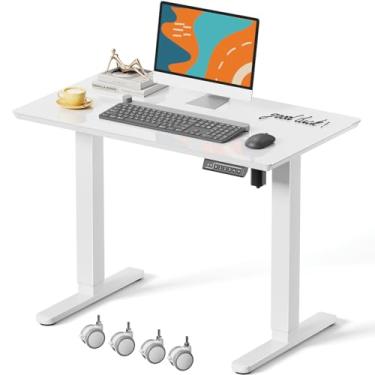 Imagem de JOY worker Mesa pequena de vidro, mesa elétrica ajustável de 89 cm x 50 cm com 4 rodízios bloqueáveis, branco móvel, estação de trabalho para escritório em casa