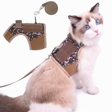Imagem de Yizhi Miaow Peitoral e guia para gatos à prova de fuga, jaquetas ajustáveis para passear com gatos, colete acolchoado elegante para gatos deserto camuflado PP