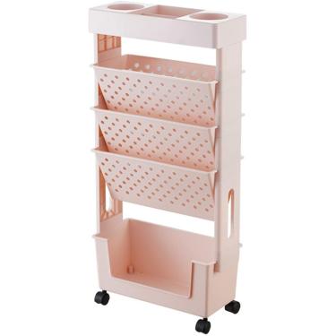 Imagem de Carrinhos de livro de rack de revistas com rodas, estante móvel, unidade de prateleira de 5 camadas, carrinho de arquivo multiuso, rosa