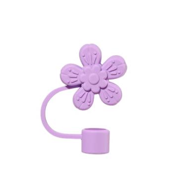 Imagem de Lindo enfeite de palha de silicone de flor de ameixa para Stanley 30 e 1,134 g, tampa de palha à prova de respingos, capa de palha reutilizável, capas de ponta de canudo de 10 mm para Stanle (pruple)