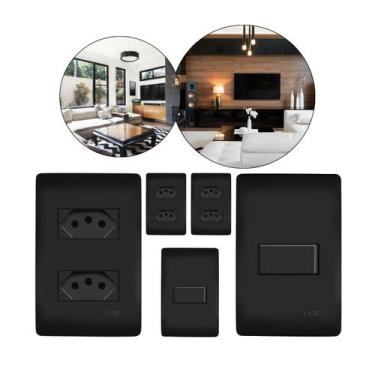 Imagem de Kit Conjunto 3 Tomadas Duplas Preta Fame  2 Interruptores, 10A