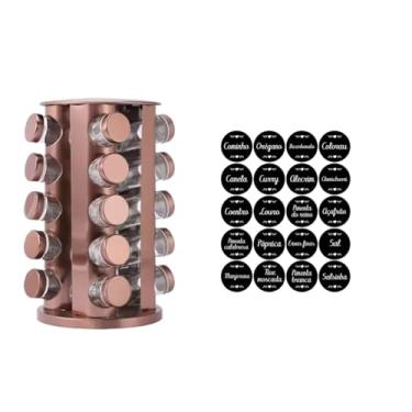 Imagem de Porta Temperos Condimento Giratorio Inox com 20 Potes de Vidro Rose Gold + Etiquetas+Caneta