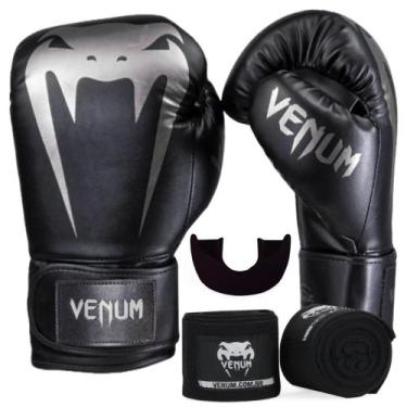 Imagem de Kit luva de boxe muay thai venum giant full pro black silver + bandage