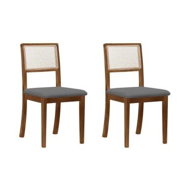 Imagem de Kit 2 Cadeiras De Jantar Luxo Palha Estofadas Veludo Cinza Em Tela Sextavada Rubi Madeira Maciça Imbuia