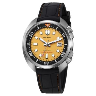 Imagem de BERNY Relógio automático masculino à prova d'água 200 m, relógio de pulso mecânico analógico masculino com revestimento AR super luminoso, cristal de safira, calendário de data, pulseira fluororubber