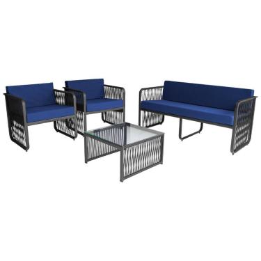 Imagem de Conjunto 2 Poltronas 1 Namoradeira e 1 Mesa de Centro Santiago em Alumínio e Corda Náutica Acesse Móveis