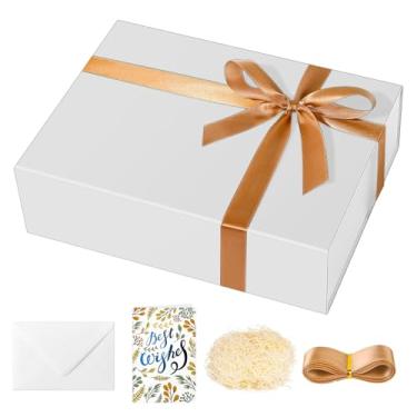 Imagem de souloduce Caixa de presente branca grande com fecho magnético, medindo 30 x 21 x 8,5 cm para presentes de aniversário - a caixa inclui cartão, envelope, fita e enchimento de papel desfiado (1 peça)