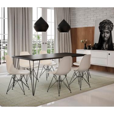 Imagem de Mesa Sala de Jantar Industrial Clips Preta 135x75 com 6 Cadeiras Eiffel Brancas de Ferro Preto