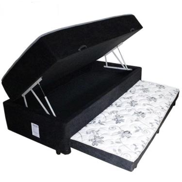 Imagem de Cama Box Baú Solteiro Conjugada de Mola com Cama Auxiliar Bicama 3 em 1 Suede Preto