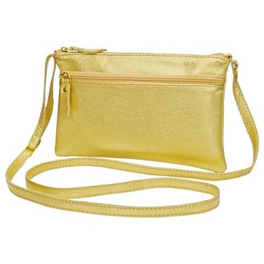 Imagem de Bolsa Transversal Dourada Feminina Pequena Metalizada Couro Legítimo com Zíper Bolsas Femininas Pequenas Alça Comprida Regulável Madamix