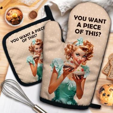Imagem de ZHANTUONE You Want a Piece of This Funny Heat Resistant Oven Mitts and Pot Holders Set with Silicone Antiderrapante, Vintage Lady Cooking Baking Gadgets, Presentes para Amantes de Assar, Mãe, Esposa