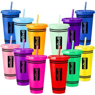 Imagem de Skylety 12 peças de giz de cera de volta às aulas copos com tampas e canudos coloridos 680 g giz de cera para festa de primeiro dia de escola copos de plástico reutilizáveis decorações de festa de