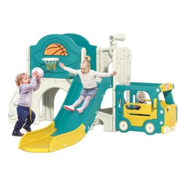Imagem de Toddler Slide Nyeekoy com tema de ônibus 9 em 1 com cesta de basquete