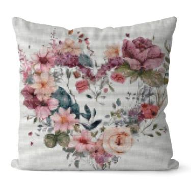 Imagem de Huacan Kit de travesseiro de ponto cruz estampado com estampa de flores sem núcleo de travesseiro para adultos iniciantes 45 x 45 cm