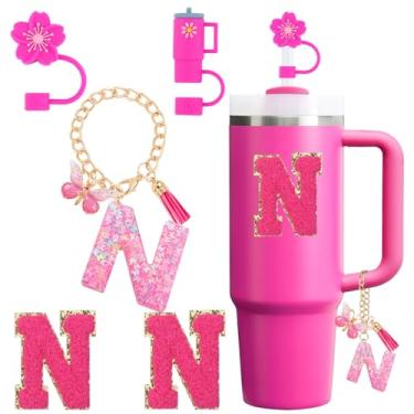 Imagem de Conjunto de acessórios para copo Stanley Cup 850 g 1,134 g copo com alça, incluindo tampa de cobertura de palha de silicone, pingente de alça, adesivo de iniciais fúcsia (N)