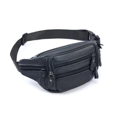 Imagem de Pochete de couro para mulheres e homens, bolsa de cintura resistente à água com couro bovino genuíno, bolsa de cinto de couro ajustável com zíper fácil, vários compartimentos, grande capacidade, Preto
