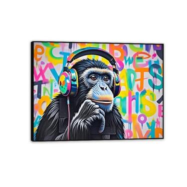 Imagem de Banksy Wall Art Prints Monkey Dj Thinking Monkey com fones de ouvido arte em tela animal para sala de estar escritório decoração de parede emoldurada pronta para pendurar decoração de quarto para