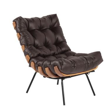 Imagem de Poltrona Costela Couro Marrom Base de Metal Drossi