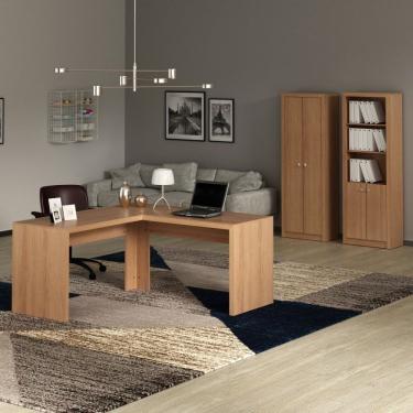 Imagem de Conjunto Home Office 3 Peças 1 Mesa Para Escritório Em L 1 Armário 1 Estante Espresso Móveis Amendoa