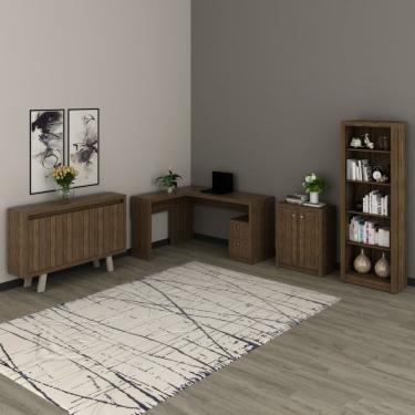 Imagem de Conjunto Home Office 4 Peças 1 Escrivaninha Em L 1 Estante 4 Prateleiras 2 Balcões Espresso Móveis Nogal