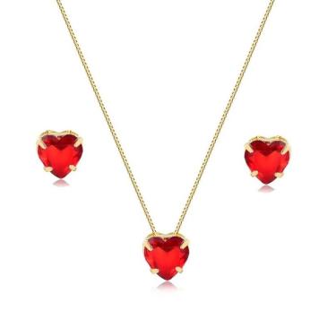 Imagem de Conjunto Coração Vermelho Banhado A Ouro