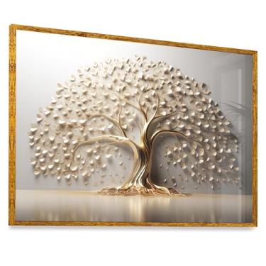Imagem de Quadro Árvore da Vida Branco Dourado Vidro 63x43cm Moldura Dourada Exclusiva Art Parede