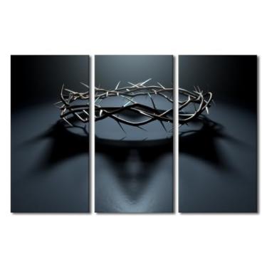 Imagem de Arte de parede em tela 3 peças Jesus Cristo coroa de espinhos com pintura de sombra real impressões em tela imagem religião cristã para sala de estar quarto pôster emoldurado esticado pronto para
