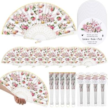 Imagem de CroBlissful Conjunto de 25 lembrancinhas de chá de panela para convidados floral festa de chá de mão leques dobráveis de renda com saco de organza etiqueta de agradecimento com corda presentes de chá